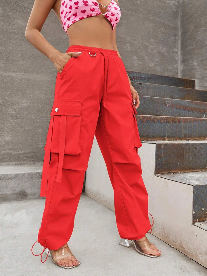 Flap Pocket Side Drawstring Hem Cargo Pants