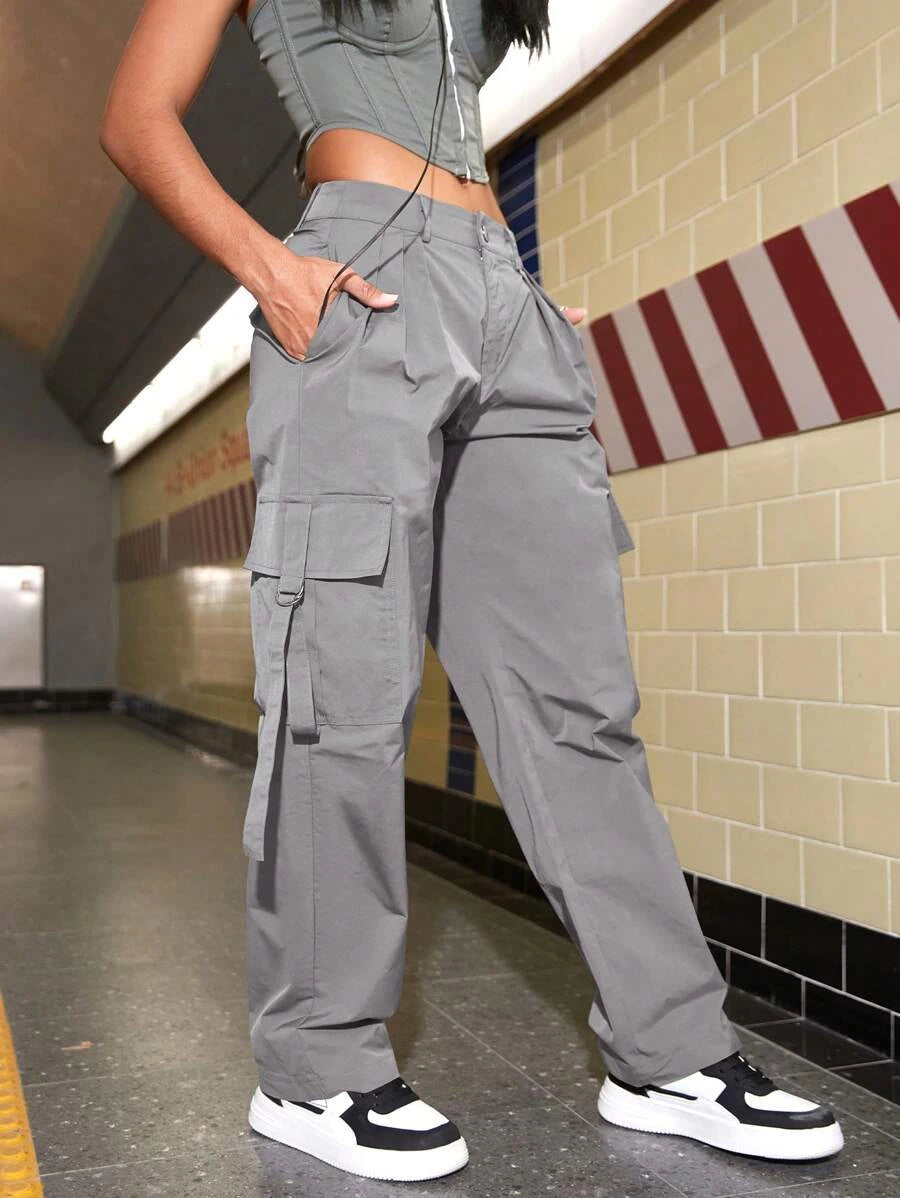 Flap Pocket Side Cargo Pants For Women