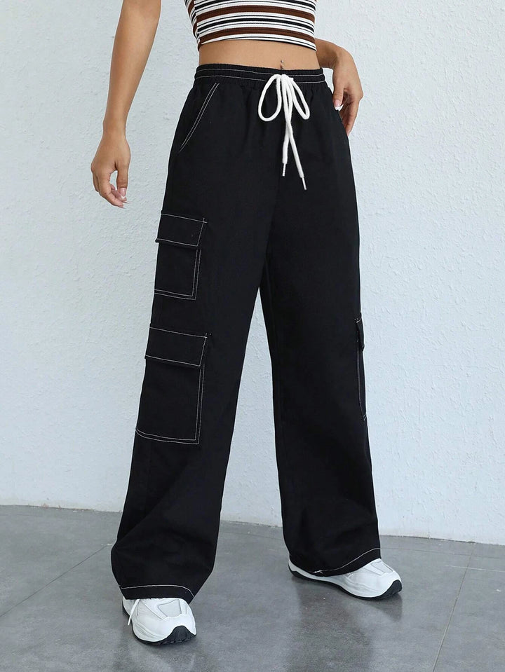 Side Flap Pocket Drawstring Cargo Pants