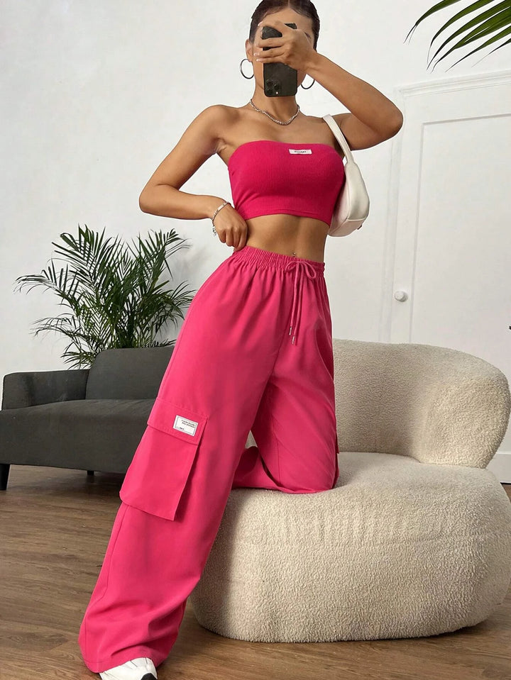 Letter Patched Tube Top And Drawstring Waist Cargo Pants