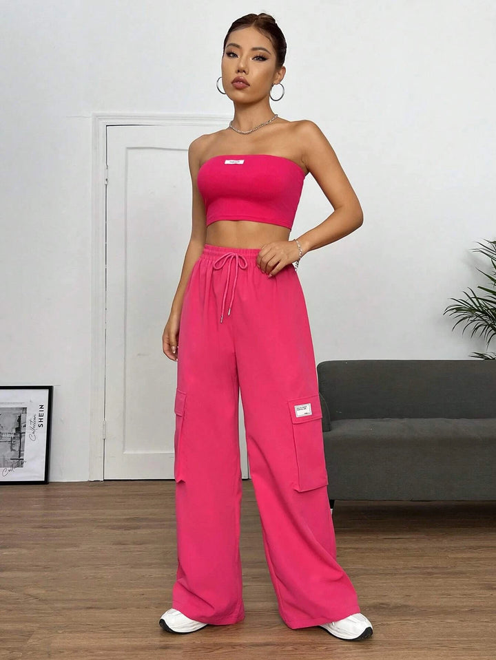 Letter Patched Tube Top And Drawstring Waist Cargo Pants