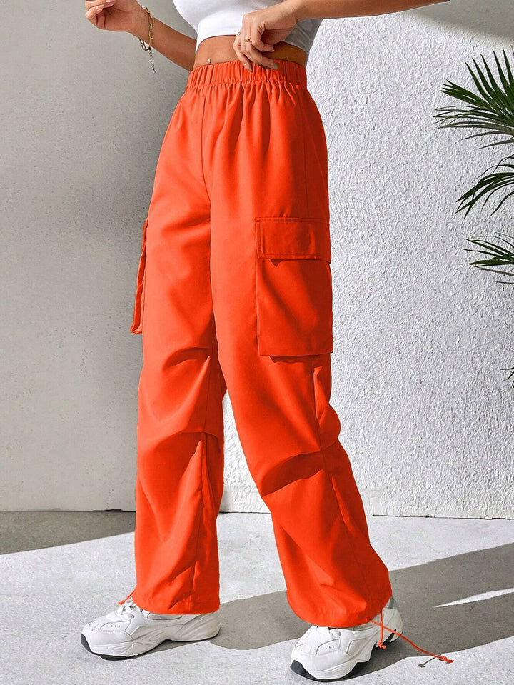 Flap Pocket Side Drawstring Hem Cargo Pants