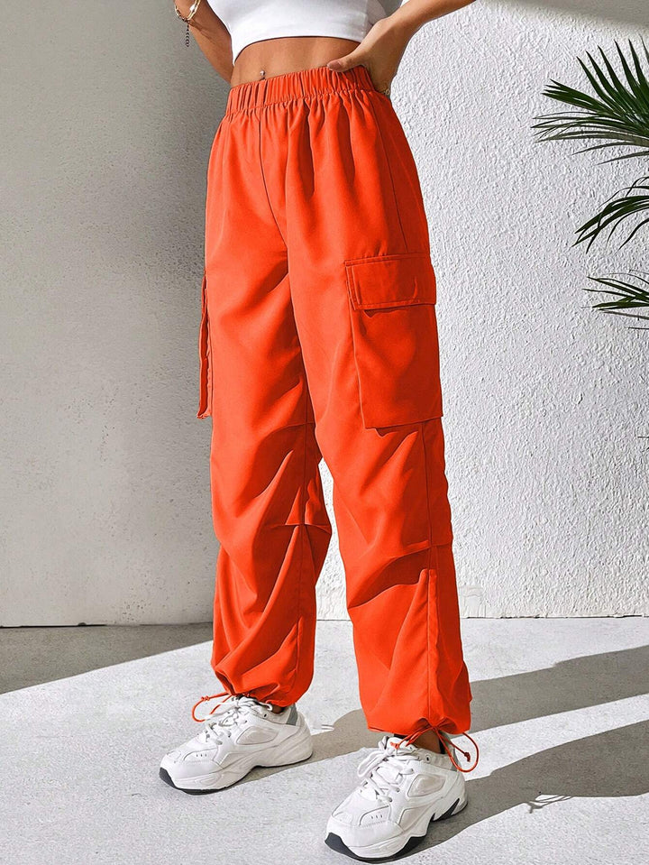 Flap Pocket Side Drawstring Hem Cargo Pants