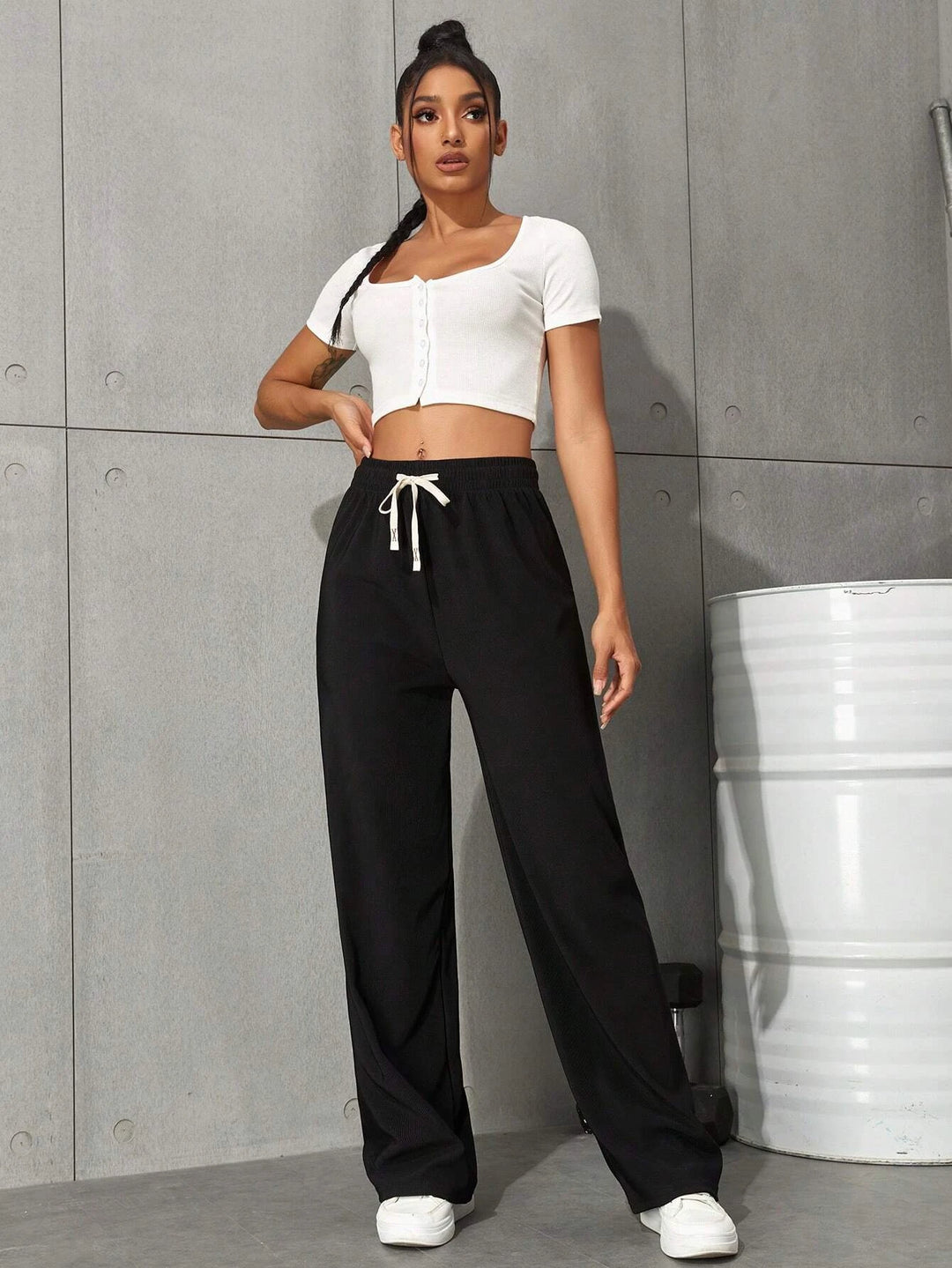 Drawstring Waist Flap Pocket Wide Leg Cargo Pants