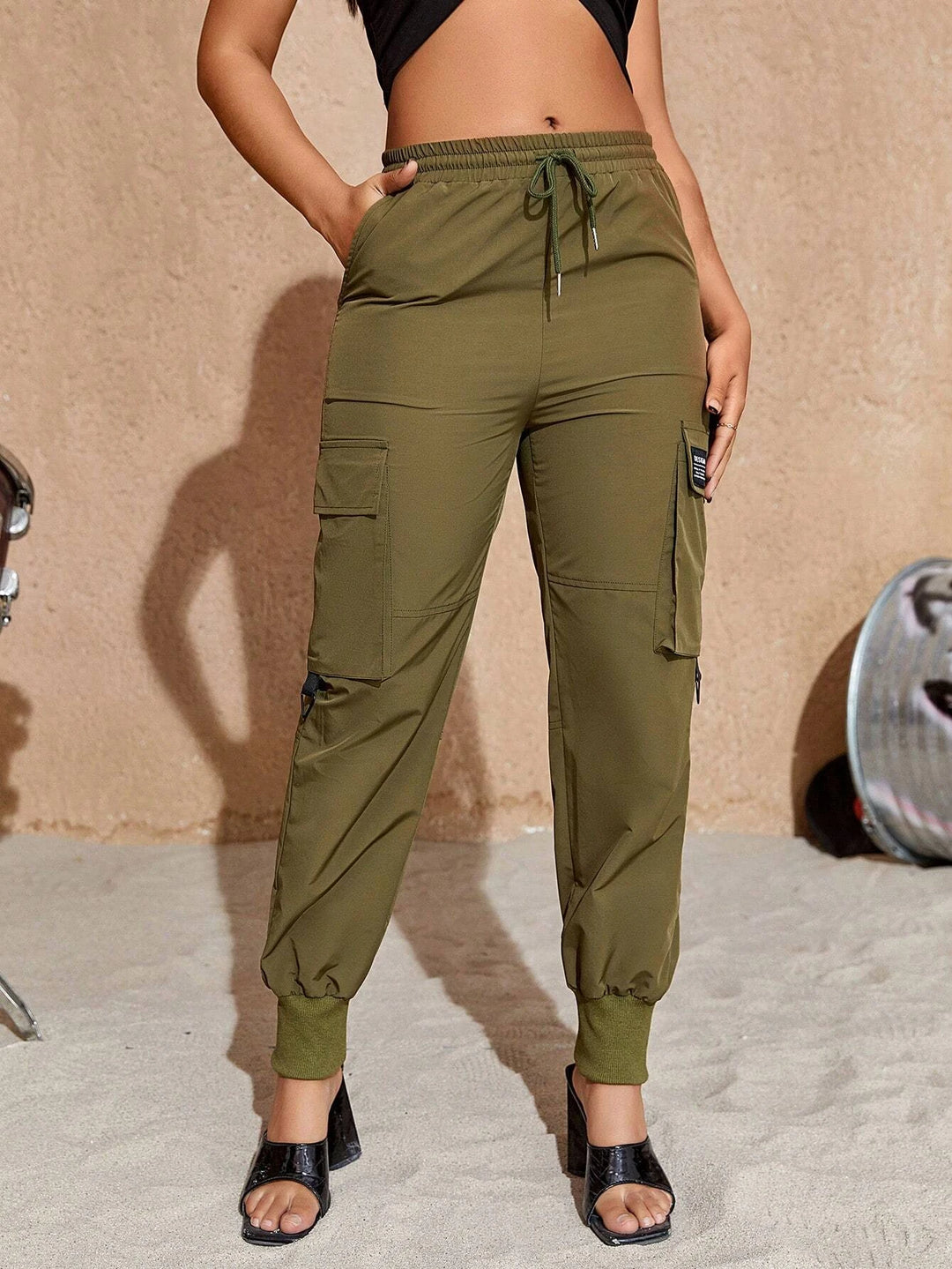 Drawstring Waist Flap Pocket Casual Cargo Pants