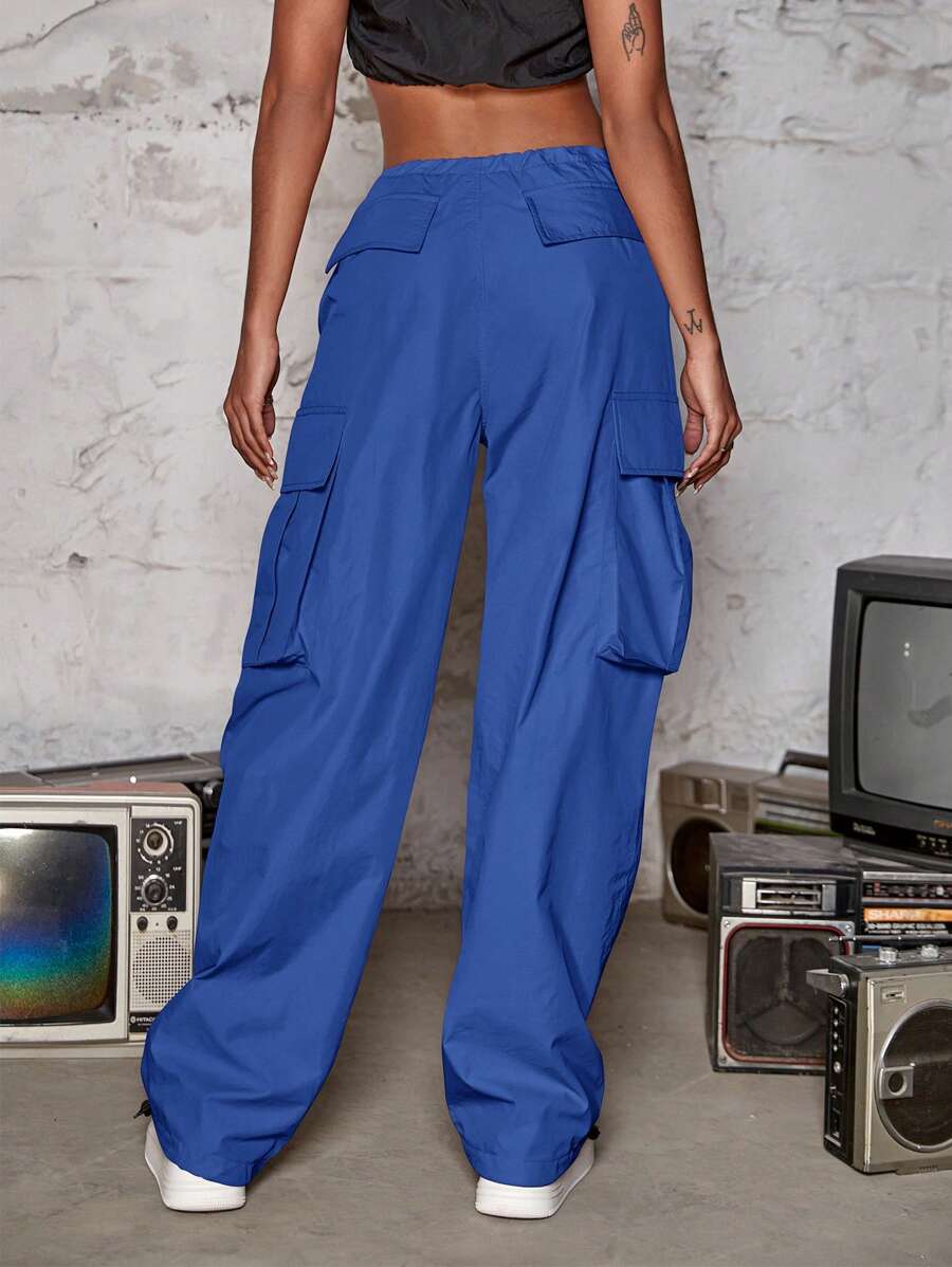 Drawstring Waist Wide Leg Parachute Cargo Jogger Pants