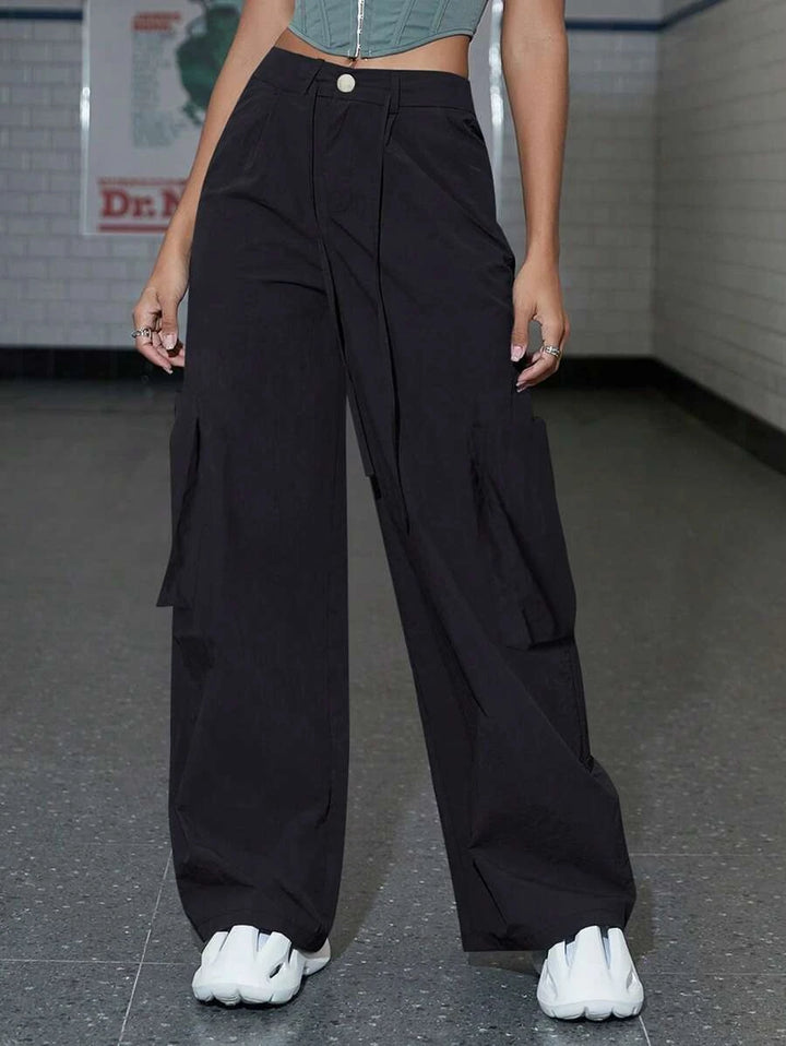 High Waist Drawstring Waist Wide Leg Cargo Pants