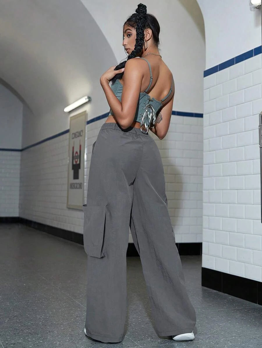 High Waist Drawstring Waist Wide Leg Cargo Pants