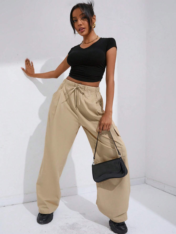 Natural Waist Drawstring Pants With Pocket