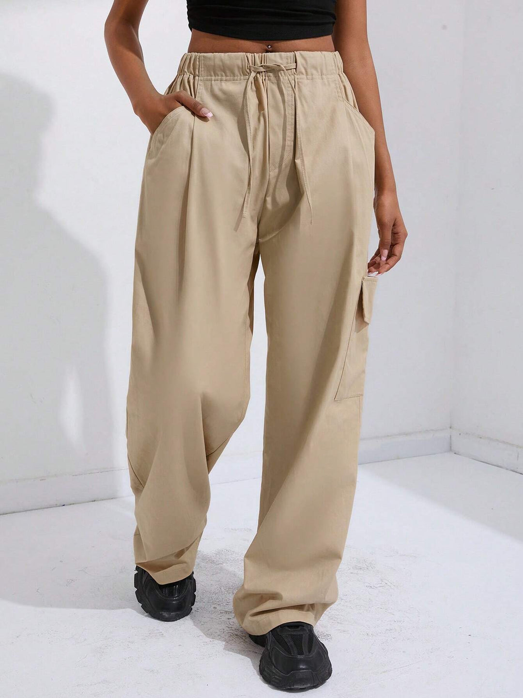 Natural Waist Drawstring Pants With Pocket