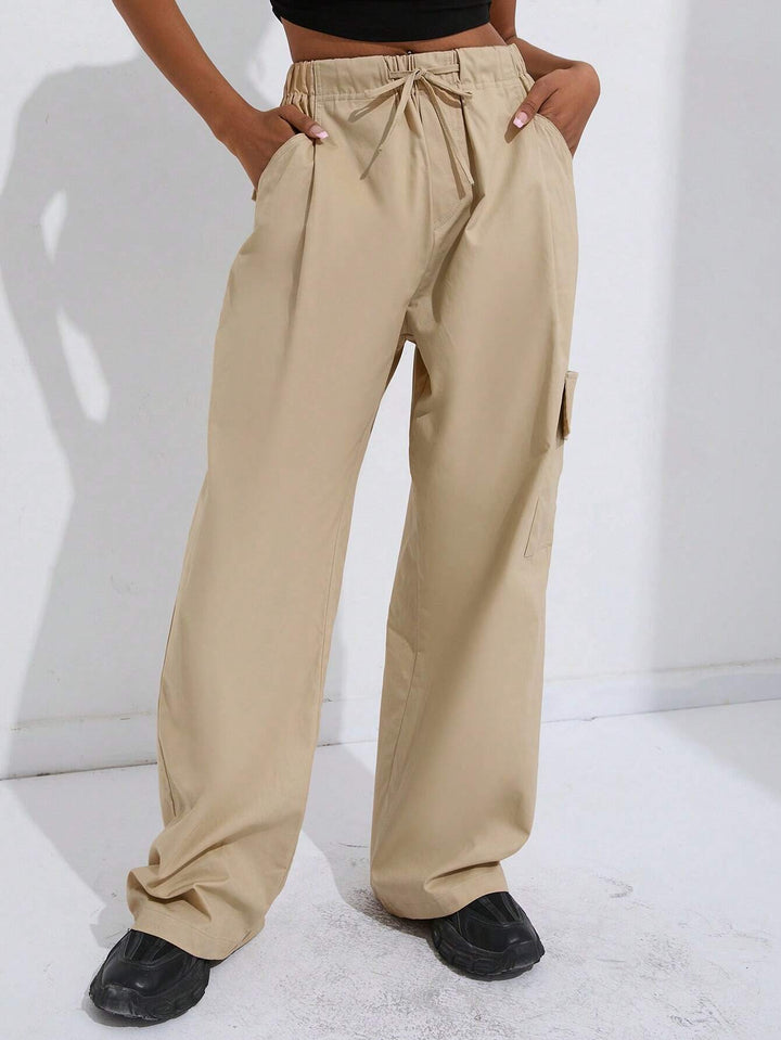 Natural Waist Drawstring Pants With Pocket