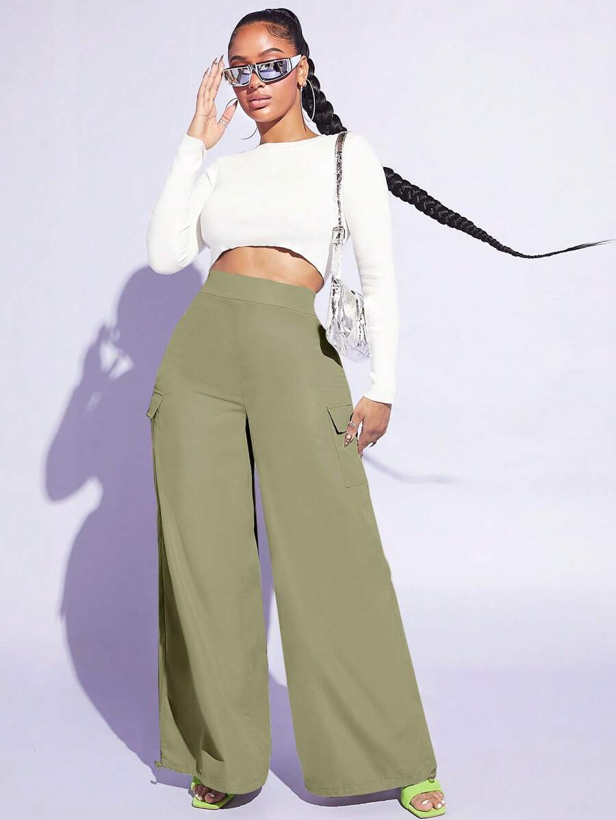 Flap Pocket Wide Leg Easy Wear Cargo Pants