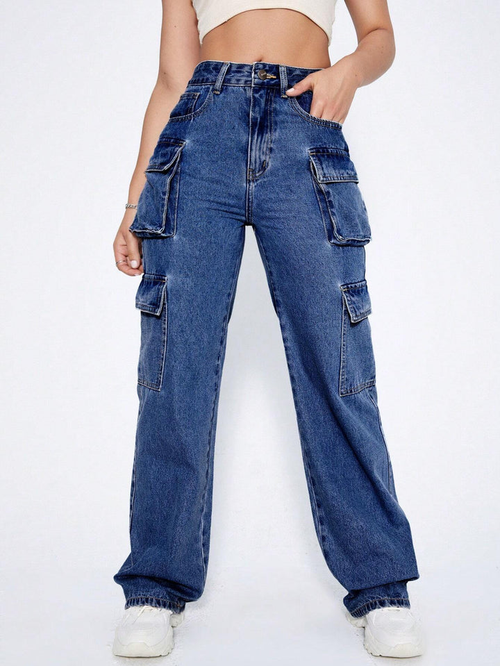 Plain Wide Leg High Waist Cargo Jean