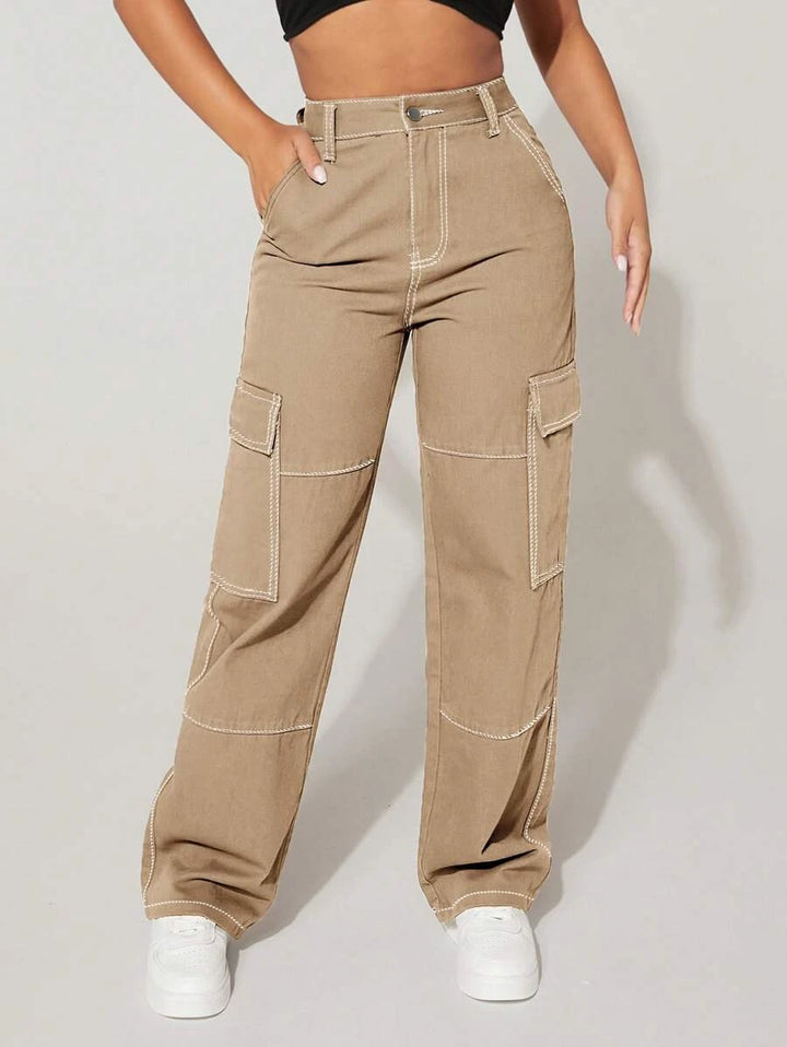 High Waist Flap Pocket Cargo Jeans