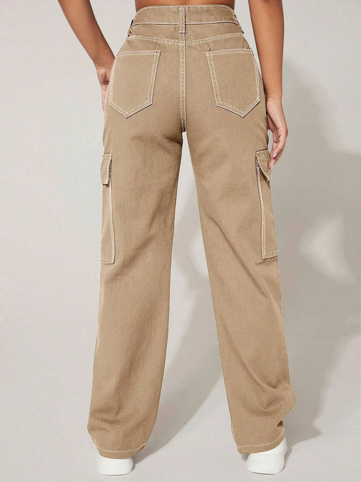 High Waist Cargo Pants With Button