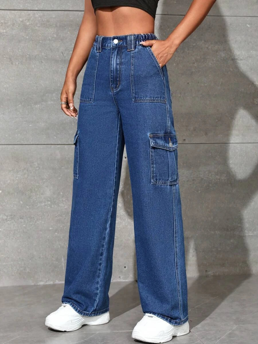 High Waist Flap Pocket Cargo Jeans