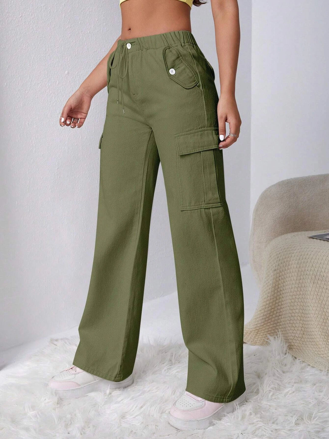 Side Drawstring Flap Pocket Cargo Pants