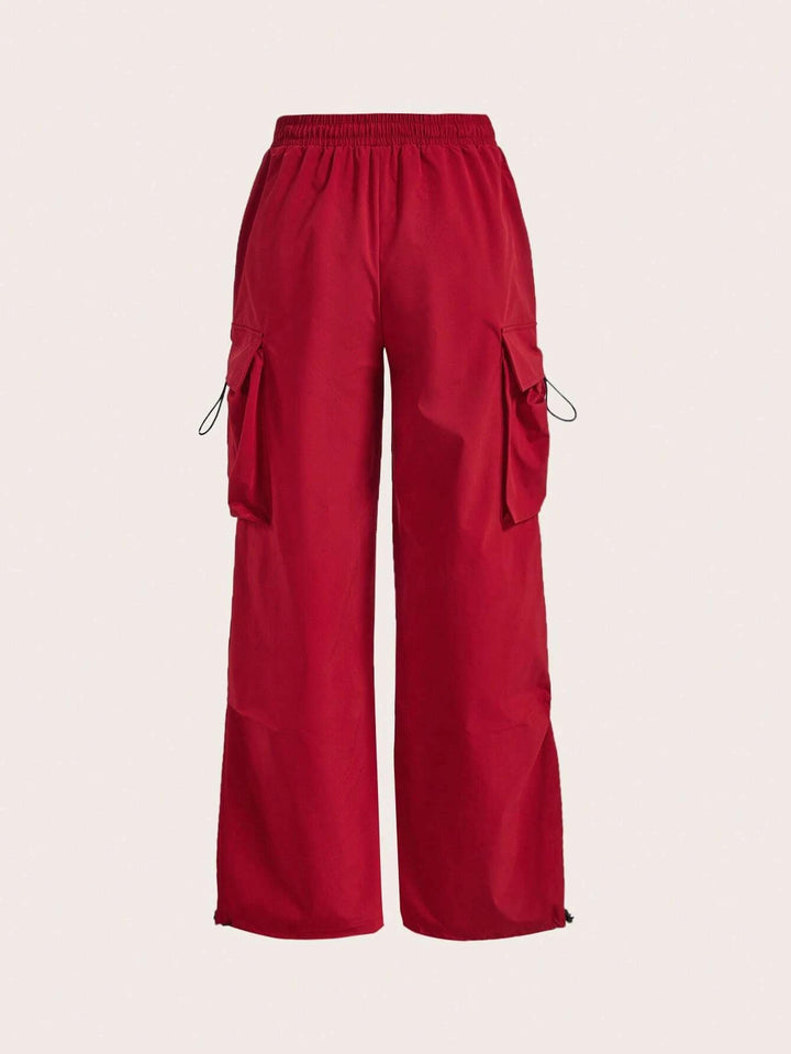 Flap Pocket Side Drawstring Waist Red Cargo Pants