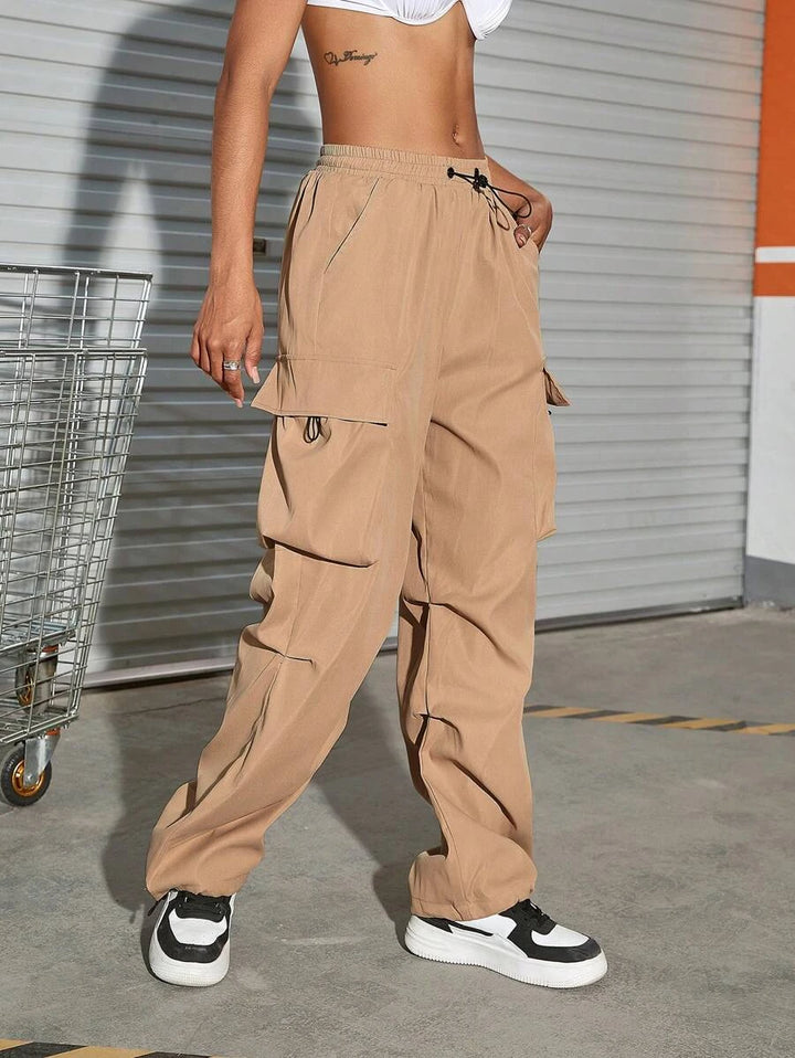 Drawstring Waist Pocket Side Parachute Cargo Pants