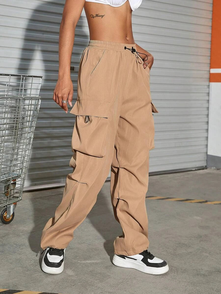 Hip Hop Flap Pocket Drawstring Waist Parachute Cargo Pants