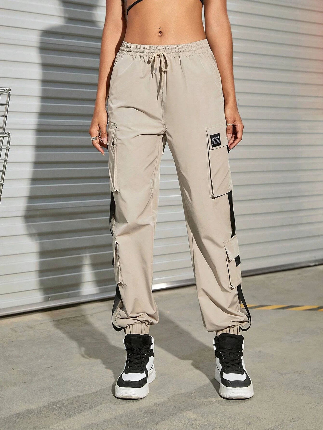 Drawstring Waist Patch Detail Cargo Pant