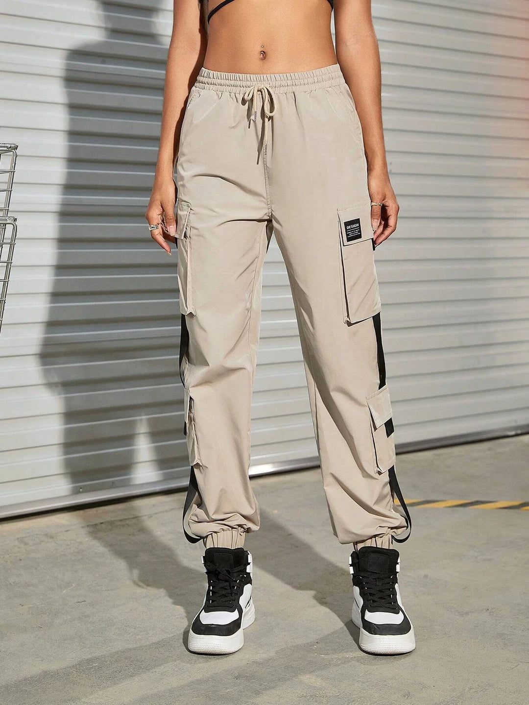Letter Patched Detail Buckle Cargo Pants