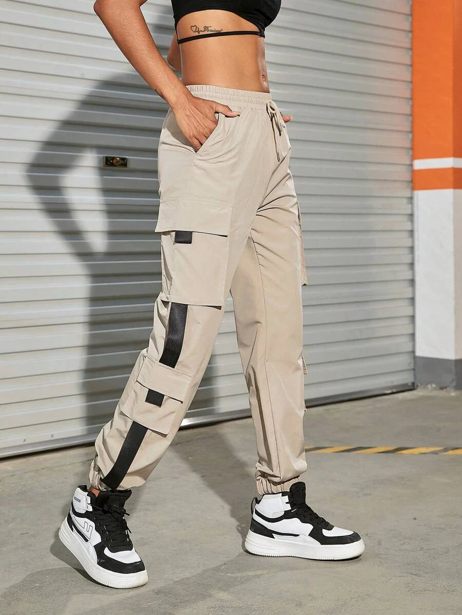 Drawstring Flap Pocket Buckle Detail Cargo Pants