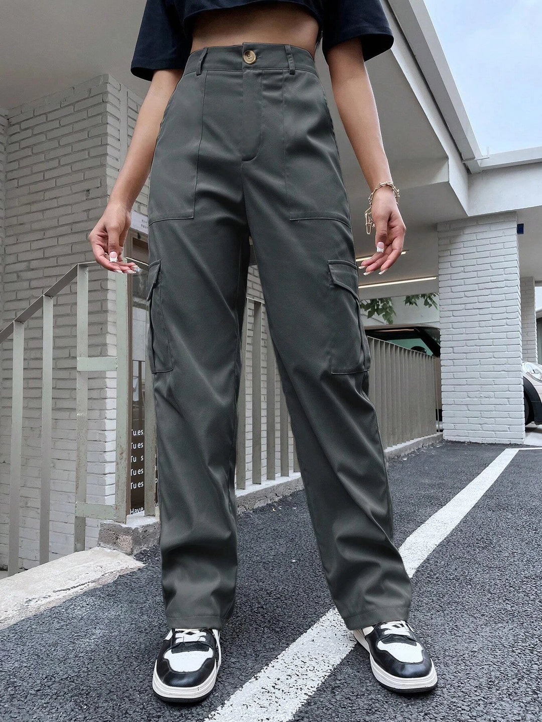 High Waist Flap Pocket Utility Pants