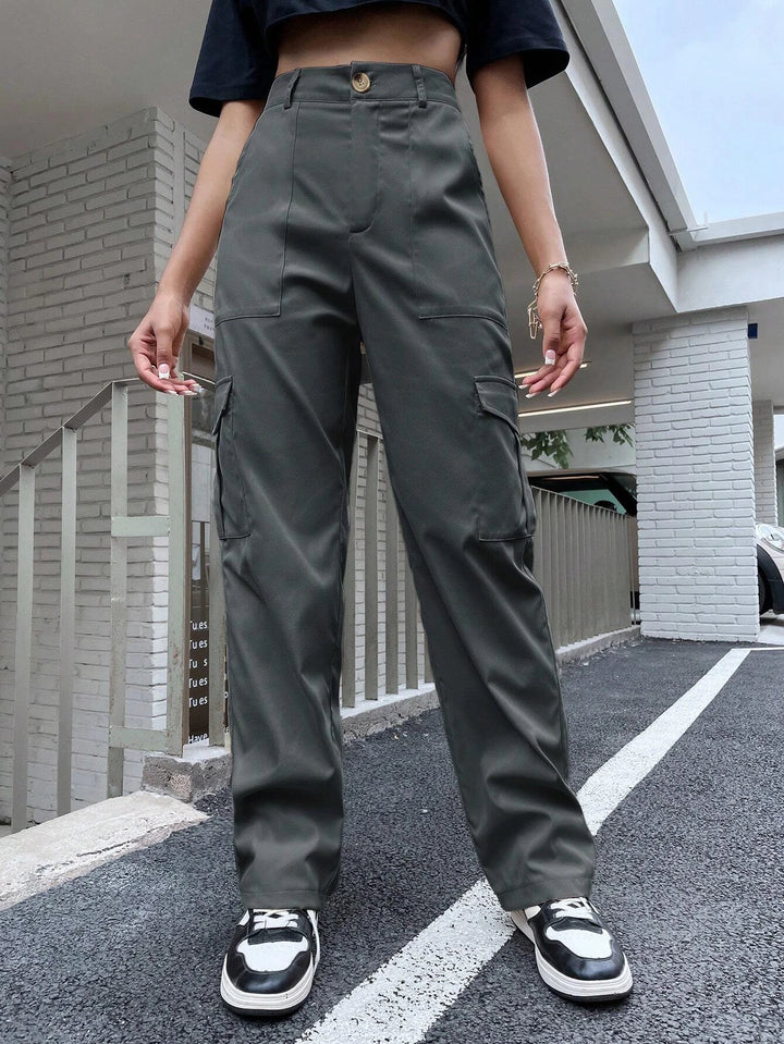 High Waist Flap Pocket Utility Pants