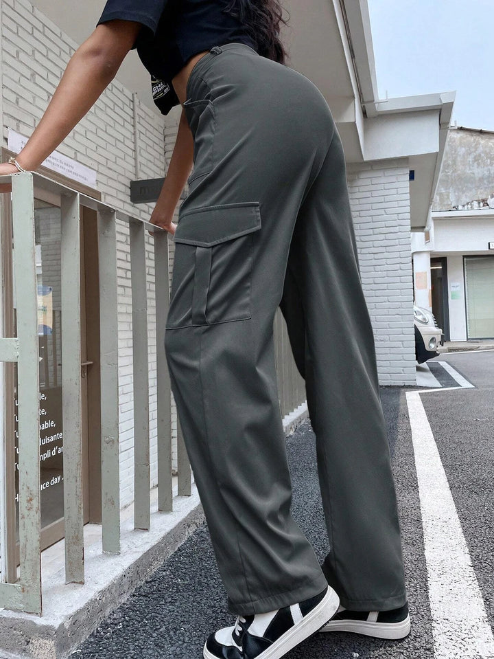 High Waist Flap Pocket Utility Pants