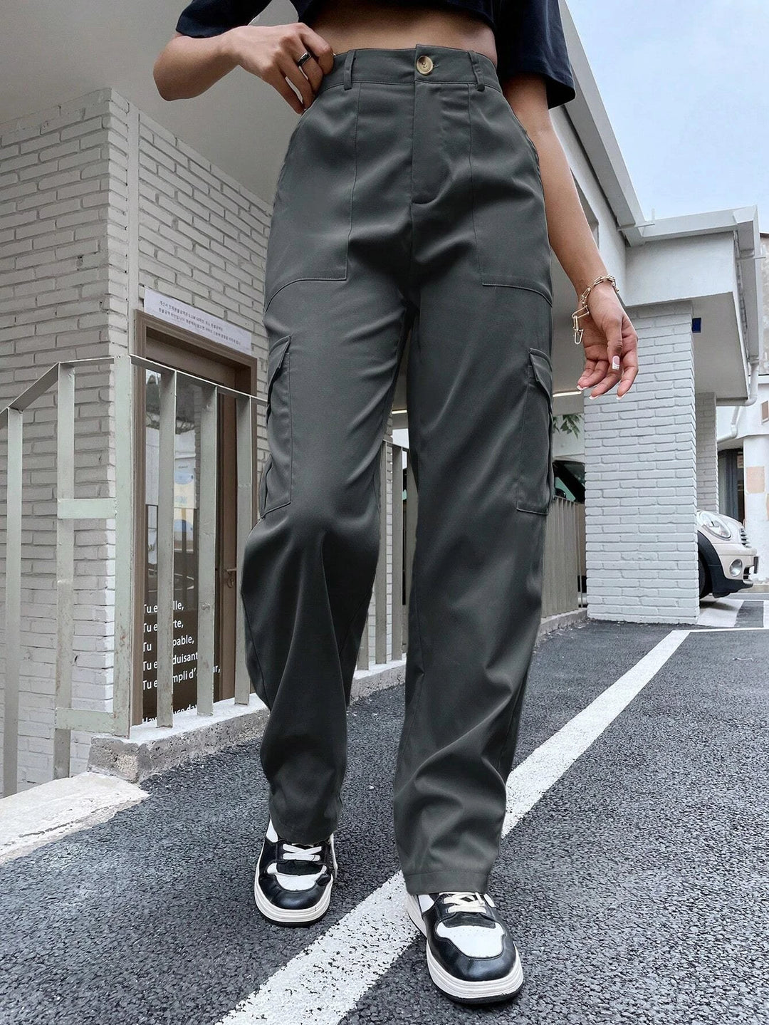 High Waist Flap Pocket Utility Pants