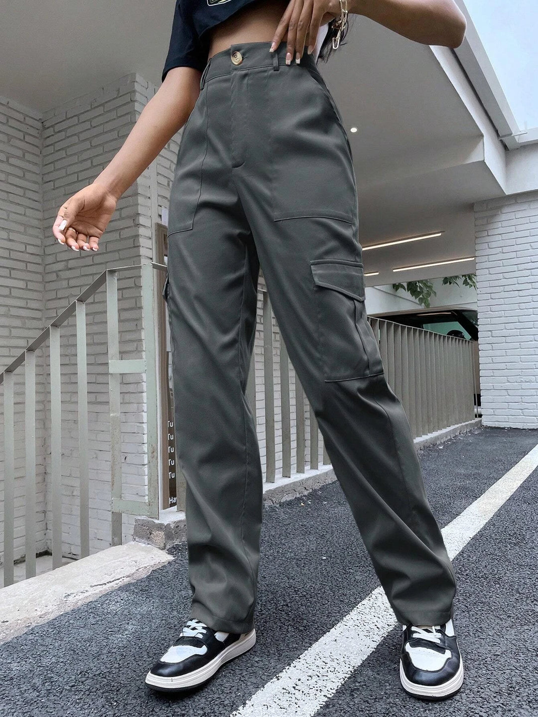 High Waist Flap Pocket Utility Pants