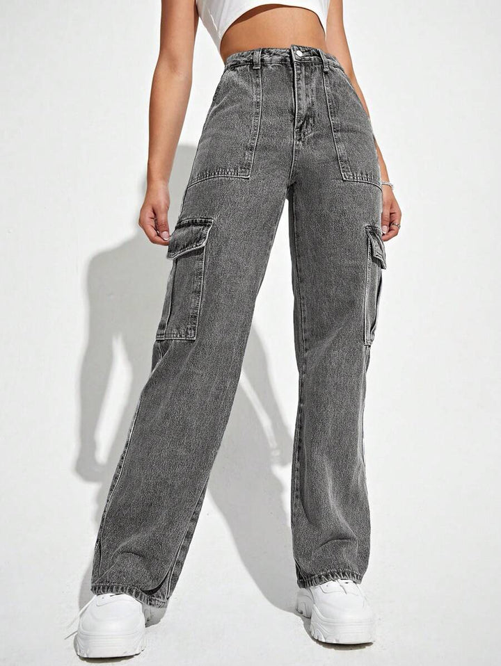 High Waisted Flap Side Pocket Cargo Jeans