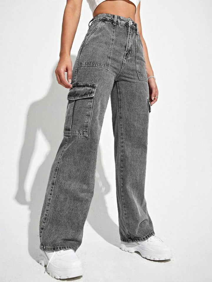 High Waisted Flap Side Pocket Cargo Jeans