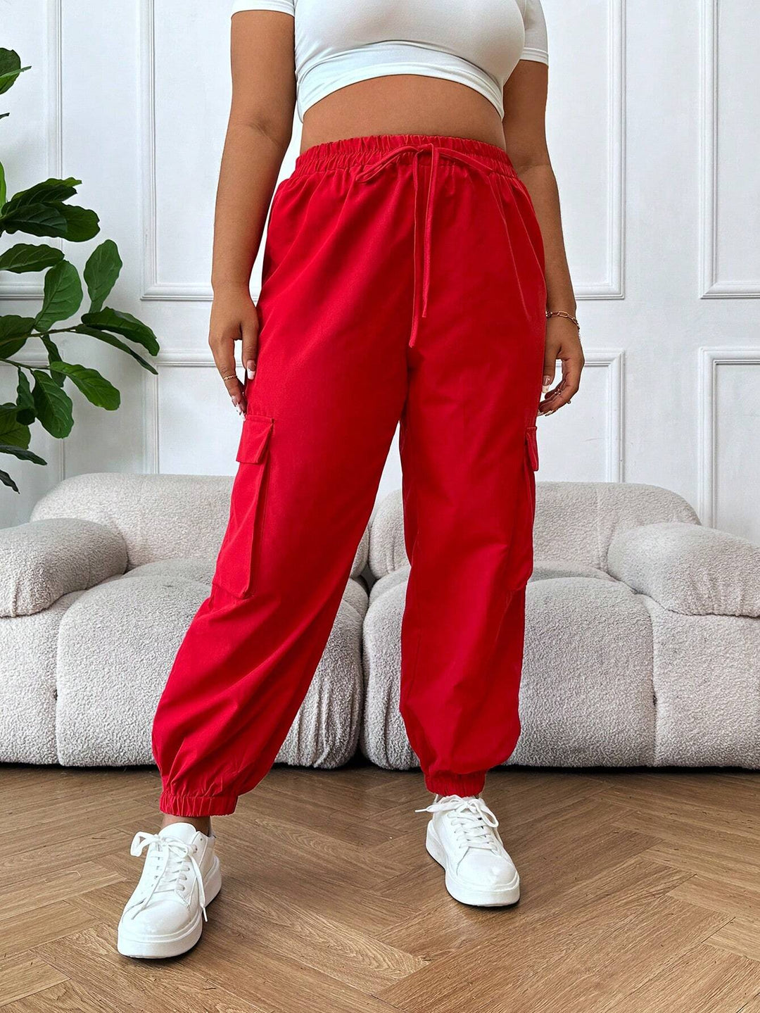 Plain Flap Pocket Side Drawstring Waist Cargo Pants