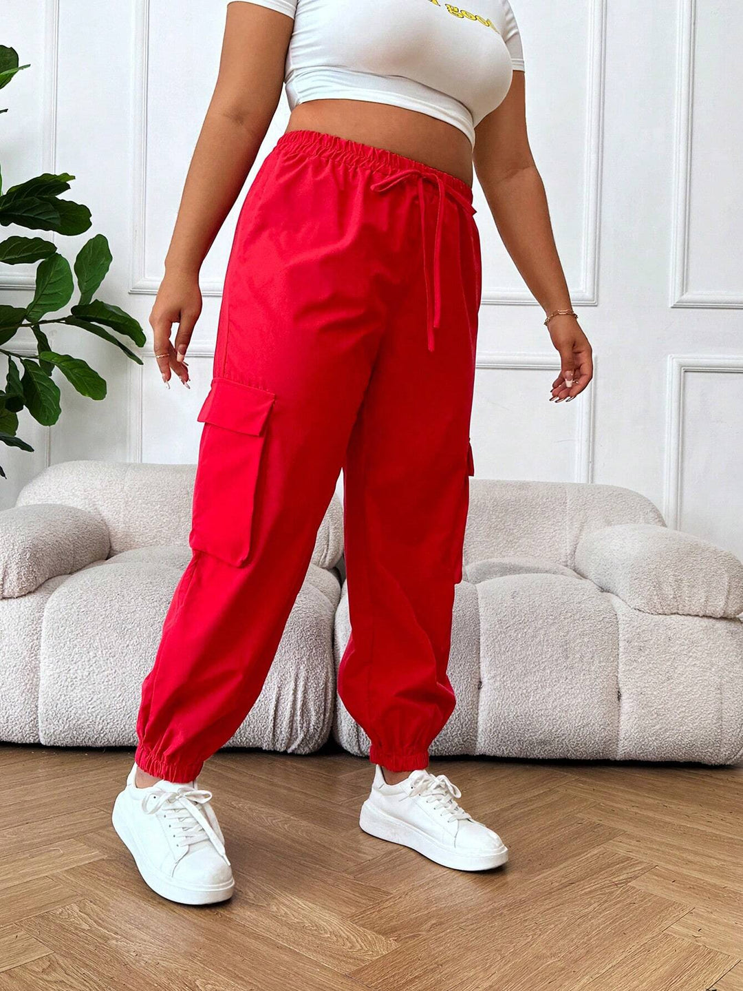 Plain Flap Pocket Side Drawstring Waist Cargo Pants