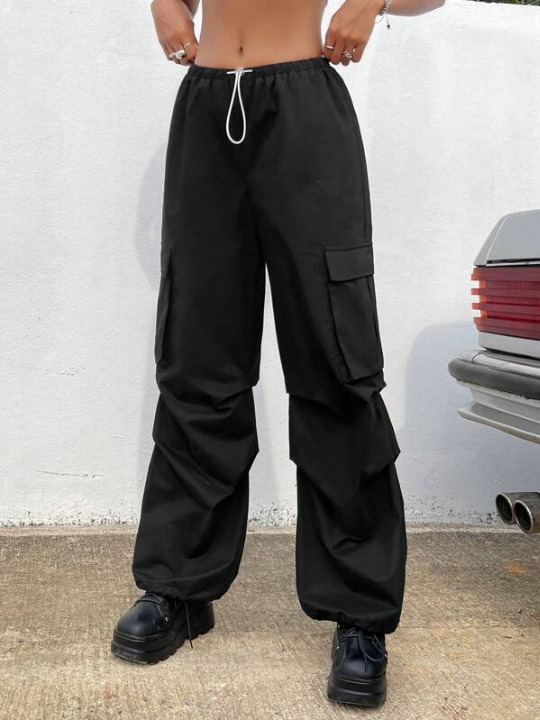 Cargo Pants With Flap Pocket Drawstring