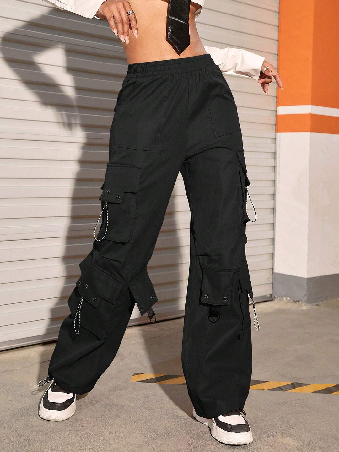 Flap Pocket Grommet Eyelet Detail Parachute Cargo Pants