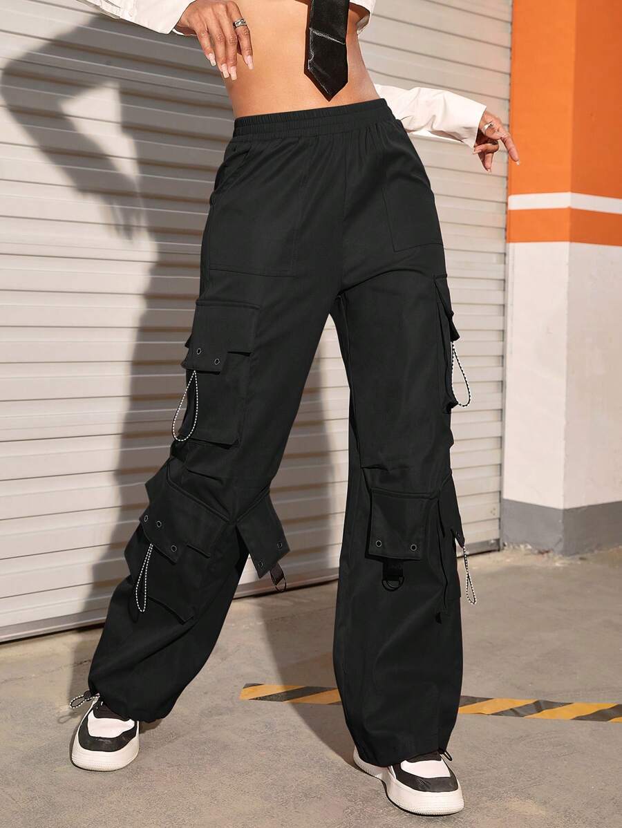 Flap Pocket Drawstring Hem Cargo Parachute Pants