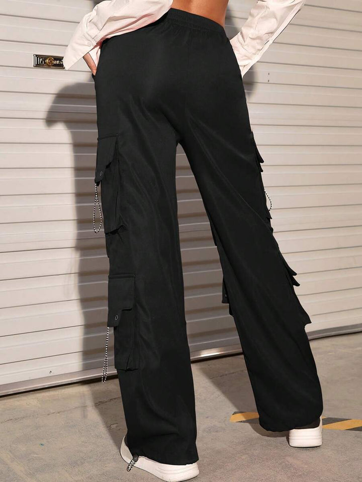 Flap Pocket Drawstring Hem Cargo Parachute Pants