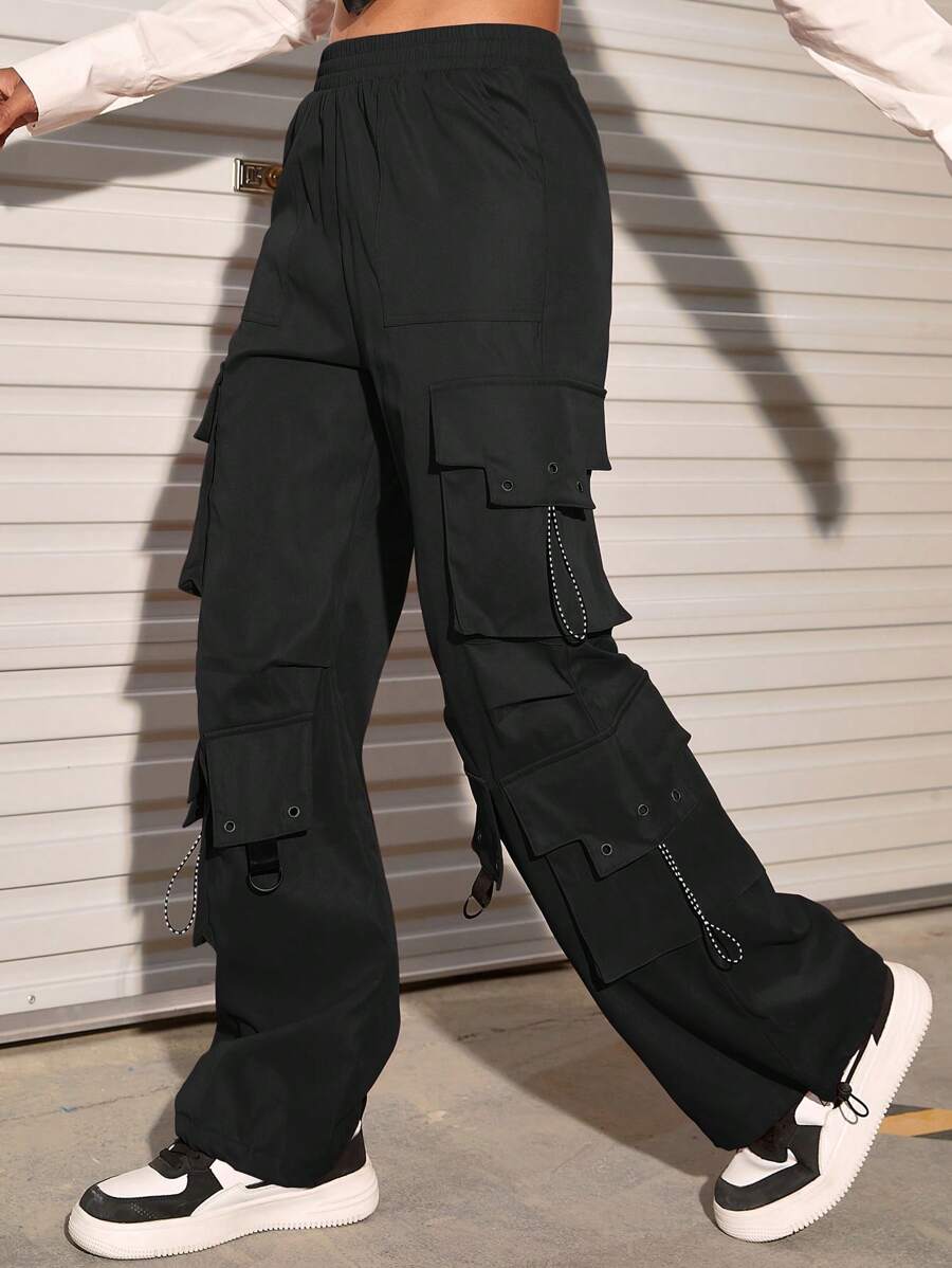 Flap Pocket Drawstring Hem Cargo Parachute Pants