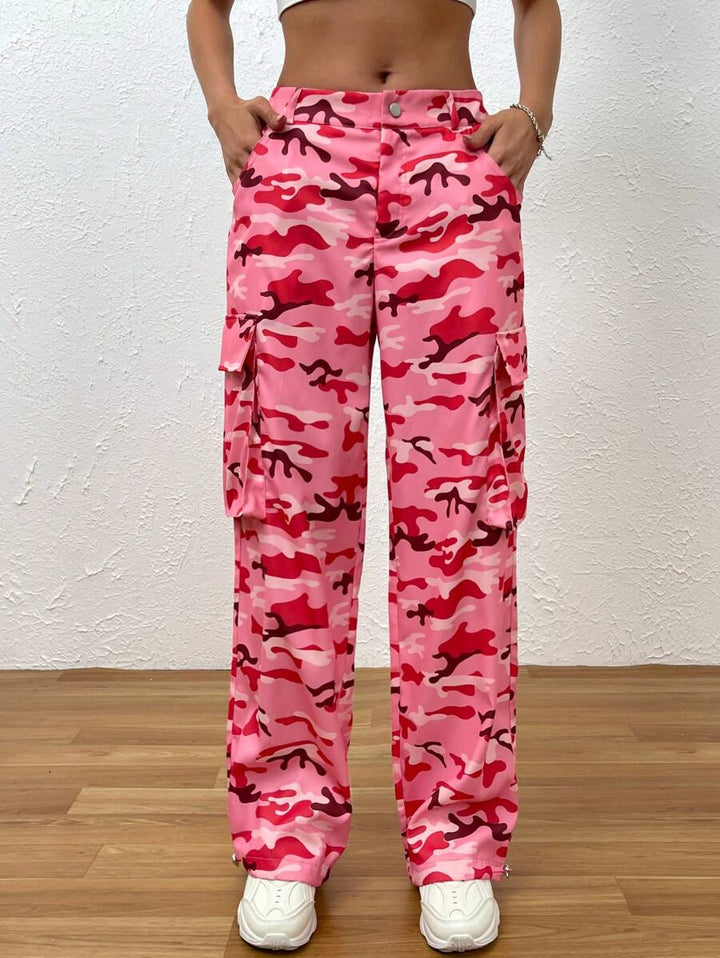 Flap Side Pocket Camo Print Cargo Pants