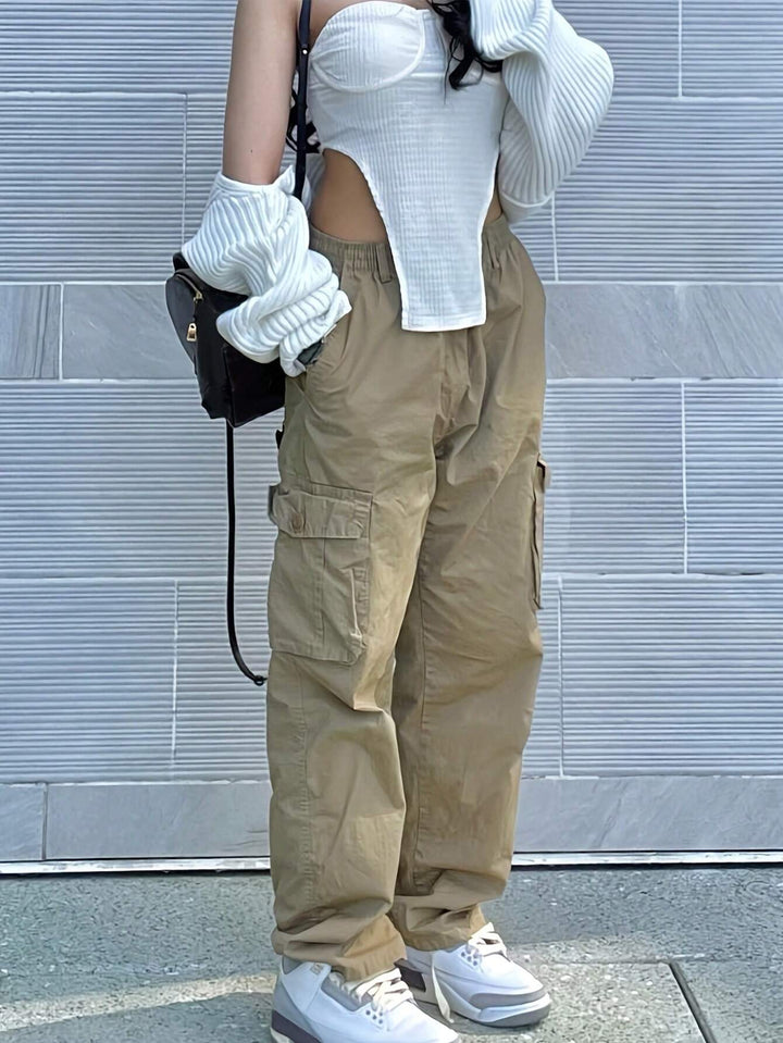 Solid Color Flap Pocket Side Cargo Pants