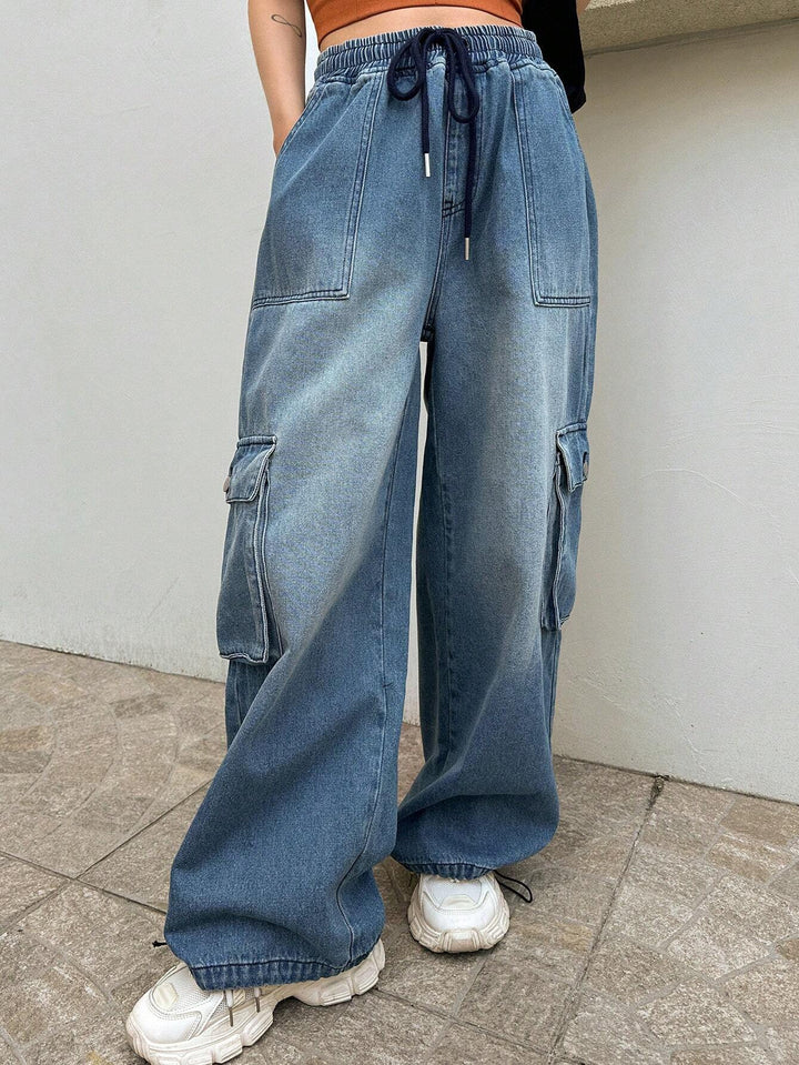 Drawstring Flap Pocket Side Cargo Pants