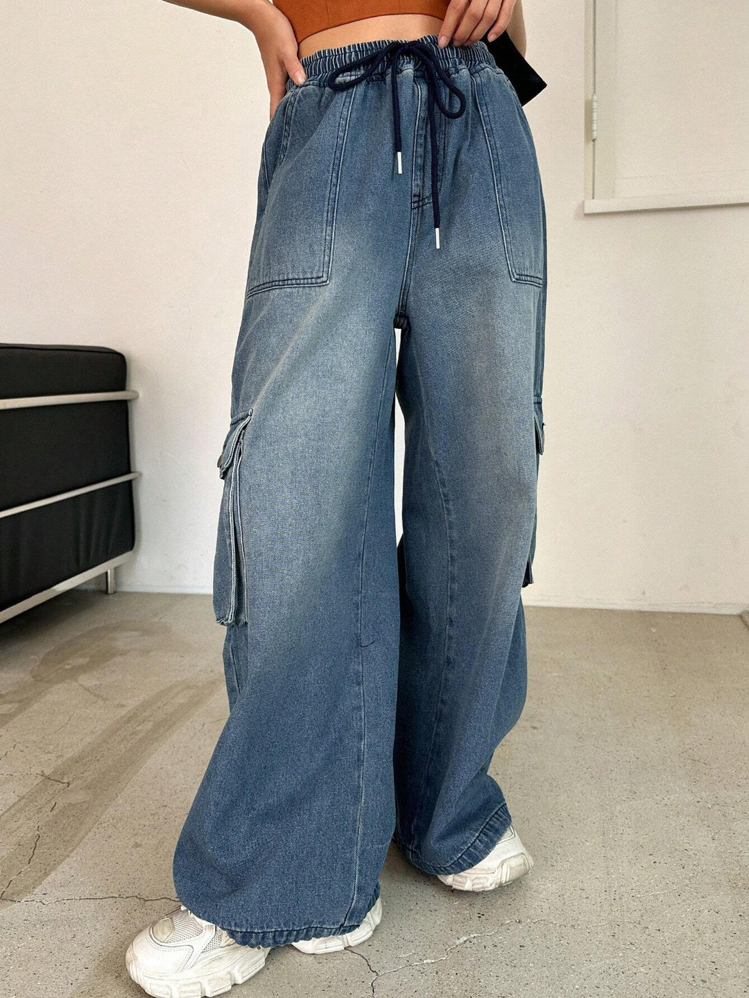 Drawstring Flap Pocket Side Cargo Pants