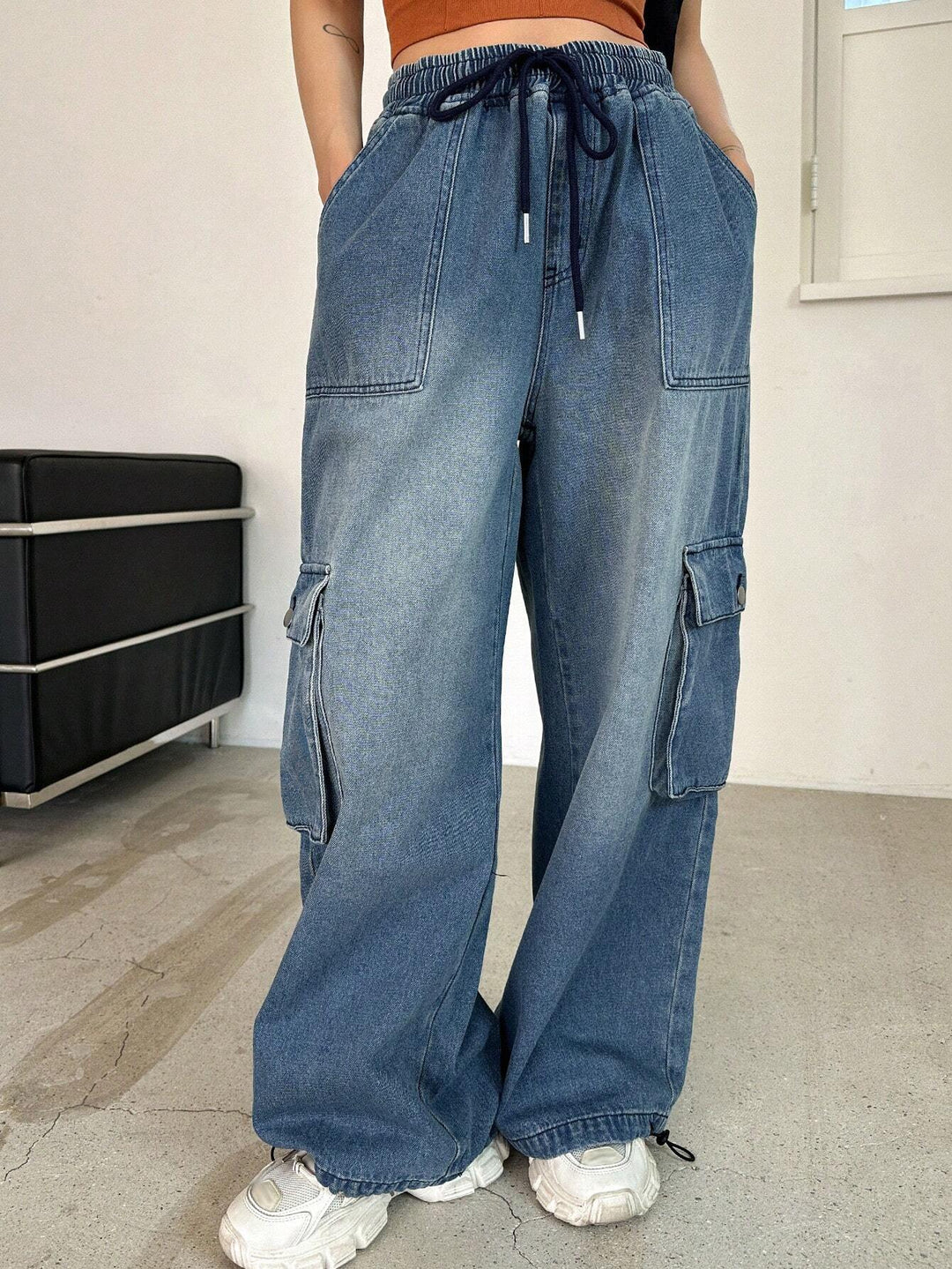 Drawstring Flap Pocket Side Cargo Pants