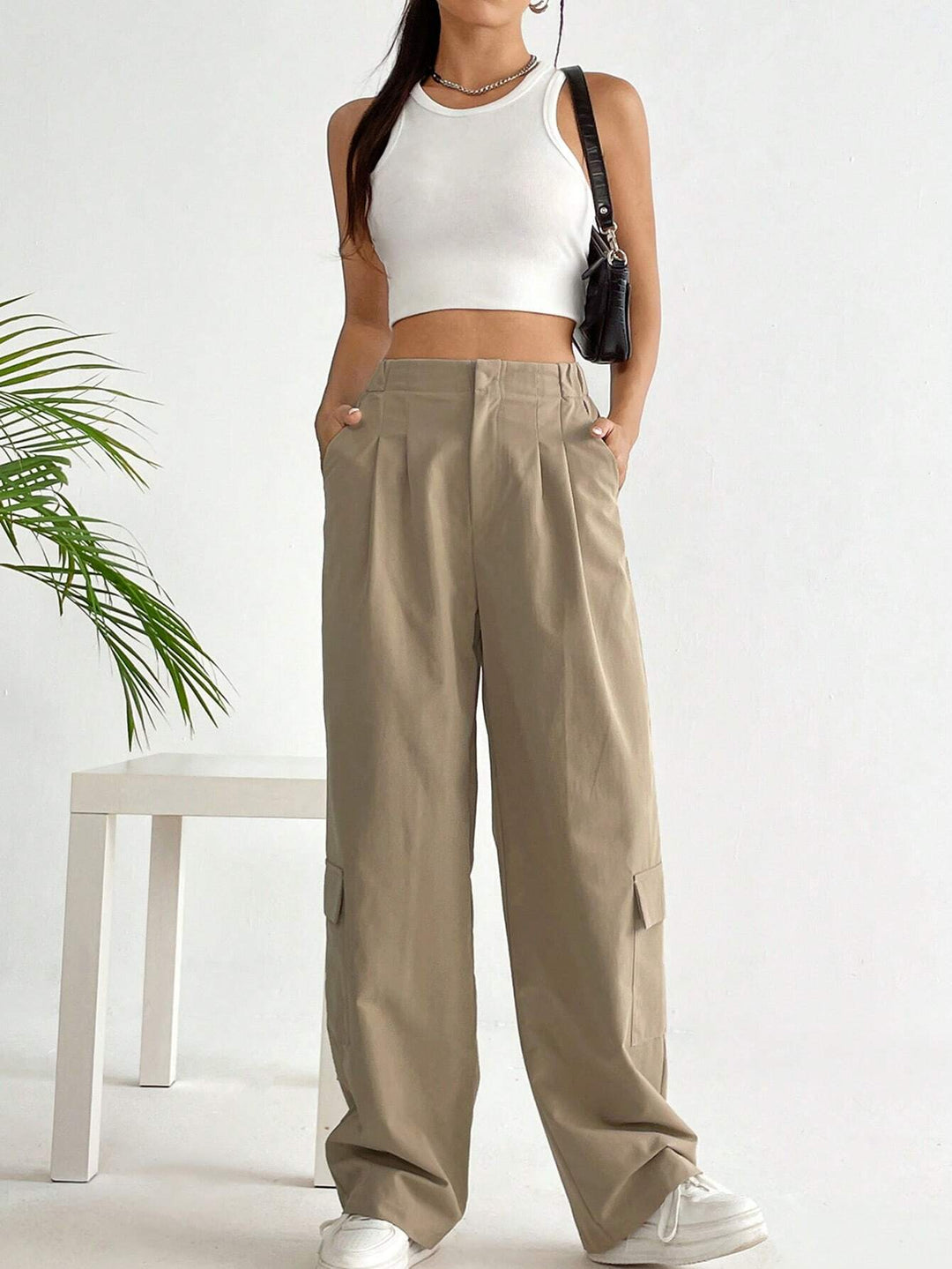 Long Flap Pocket Beige Cargo Pants