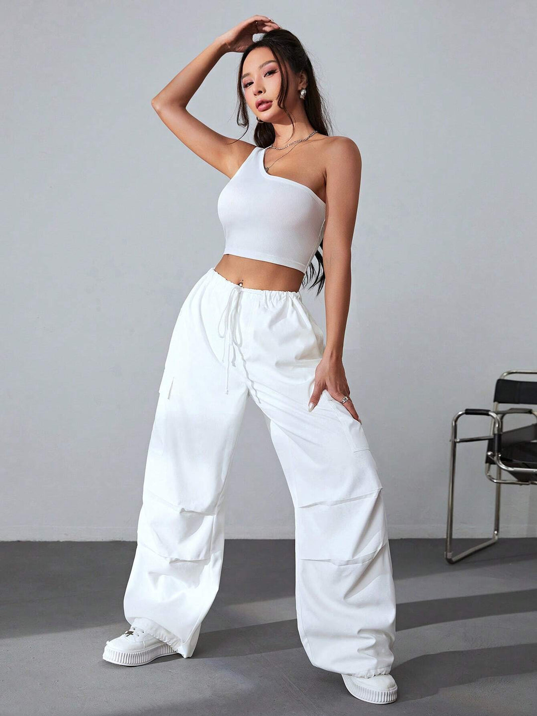 One Shoulder Top And Drawstring Cargo Pants