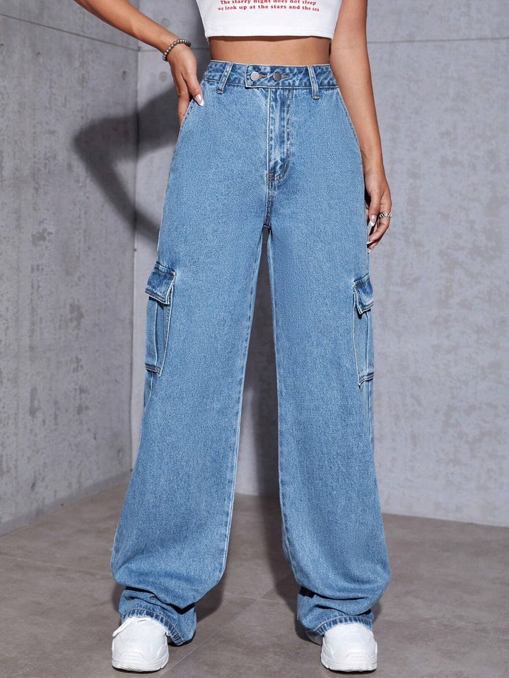 High Waist Flap Pocket Cargo Jeans