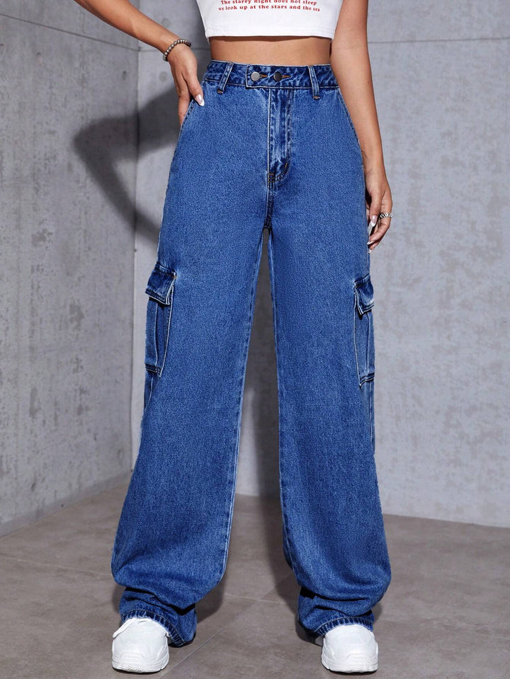 High Waist Flap Pocket Cargo Jeans